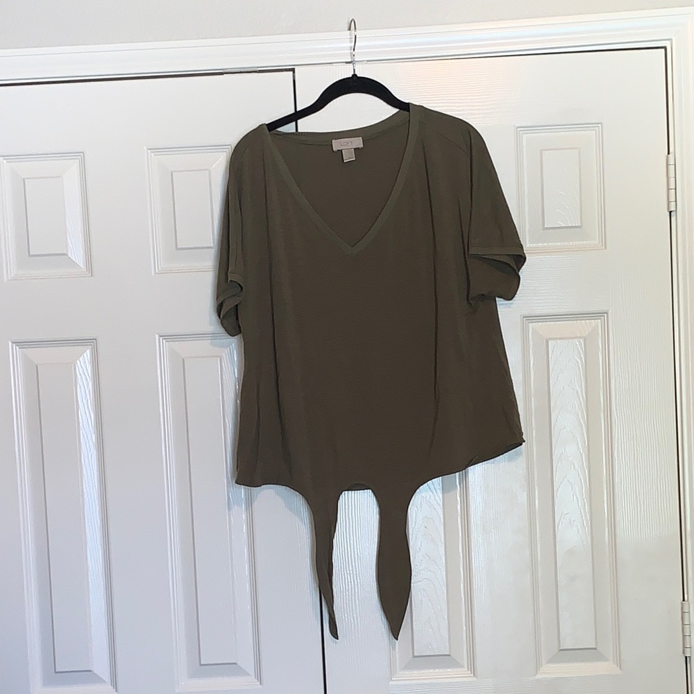 LOFT olive green  V-Neck Blouse with Tie Detail